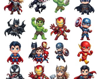Chibi Superhero Clipart Bundle PNG, Superhero Chibi Png, Superhero Characters, Baby Avengers Clipart, Spider-Man, Iron Man, Captain America