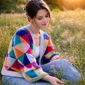 Chaqueta con estampado cuadrado de la abuela de Rochet / Cárdigan boho colorido
