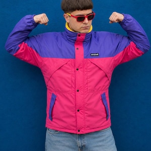Oliver Tree Inspirierte Color Block Jacke, Retro 90er Jahre Windjacke, Lila Pink Skijacke