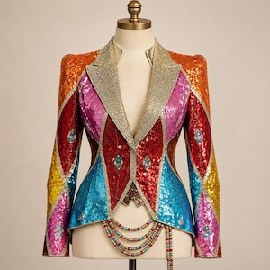 Könnte beinhalten: Ein mehrfarbiger Pailletten-Blazer mit einem von Harlekinen inspirierten Rautenmuster in Orange, Pink, Rot, Gelb und Blau. Das Kleidungsstück verfügt über goldene Revers und eine dekorative, mehrsträngige Perlenkette an der Taille.