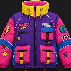 May include: A vibrant purple puffer jacket featuring a yellow collar, pink sleeves, and multiple pockets. Patches include a yellow lightning bolt, a smiley face, a globe, and text reading TURBO and ALIEN BOY. The jacket has a black front zipper.