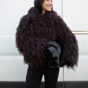 Dark Brown Shaggy Fur Jacket: Mongolian Lamb Style Cropped Fluffy Winter Coat