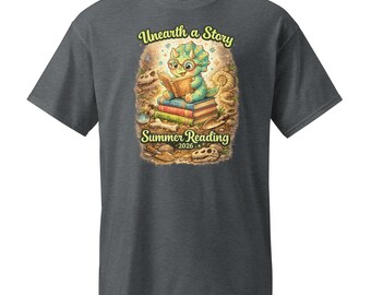 Dinosaur Reading Shirt, Summer Reading 2026 Graphic Tee, Archaeology Reader Apparel