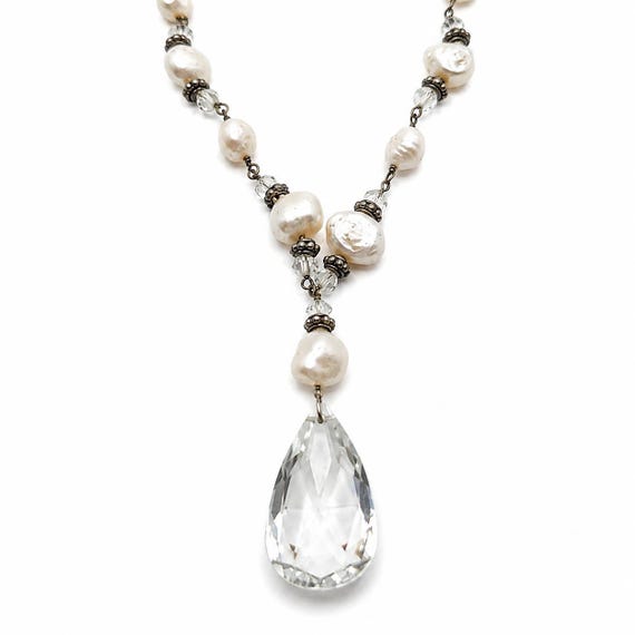Sterling Silver Pearl Crystal Teardrop Pendant Necklace