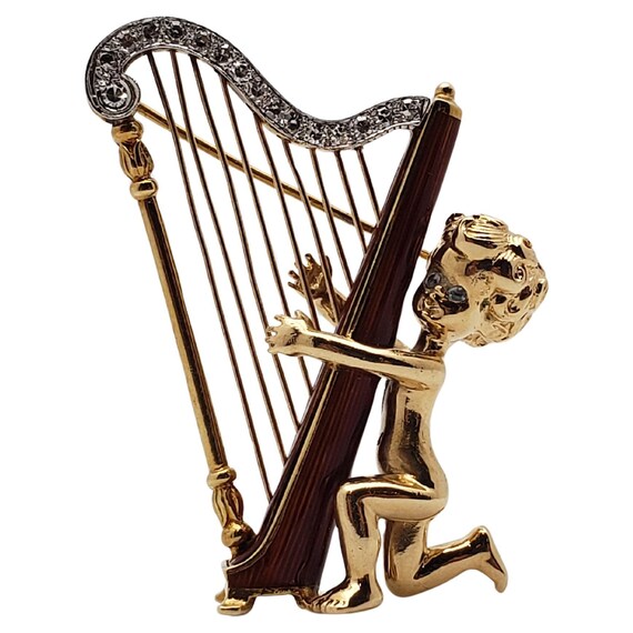William Ruser Cupid Harp 14k Yellow Gold Diamond Brooch