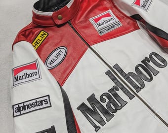 Vintage Marlboro Racing Jacket | Classic Motorsport F1 Style | Red White Leather Jacket