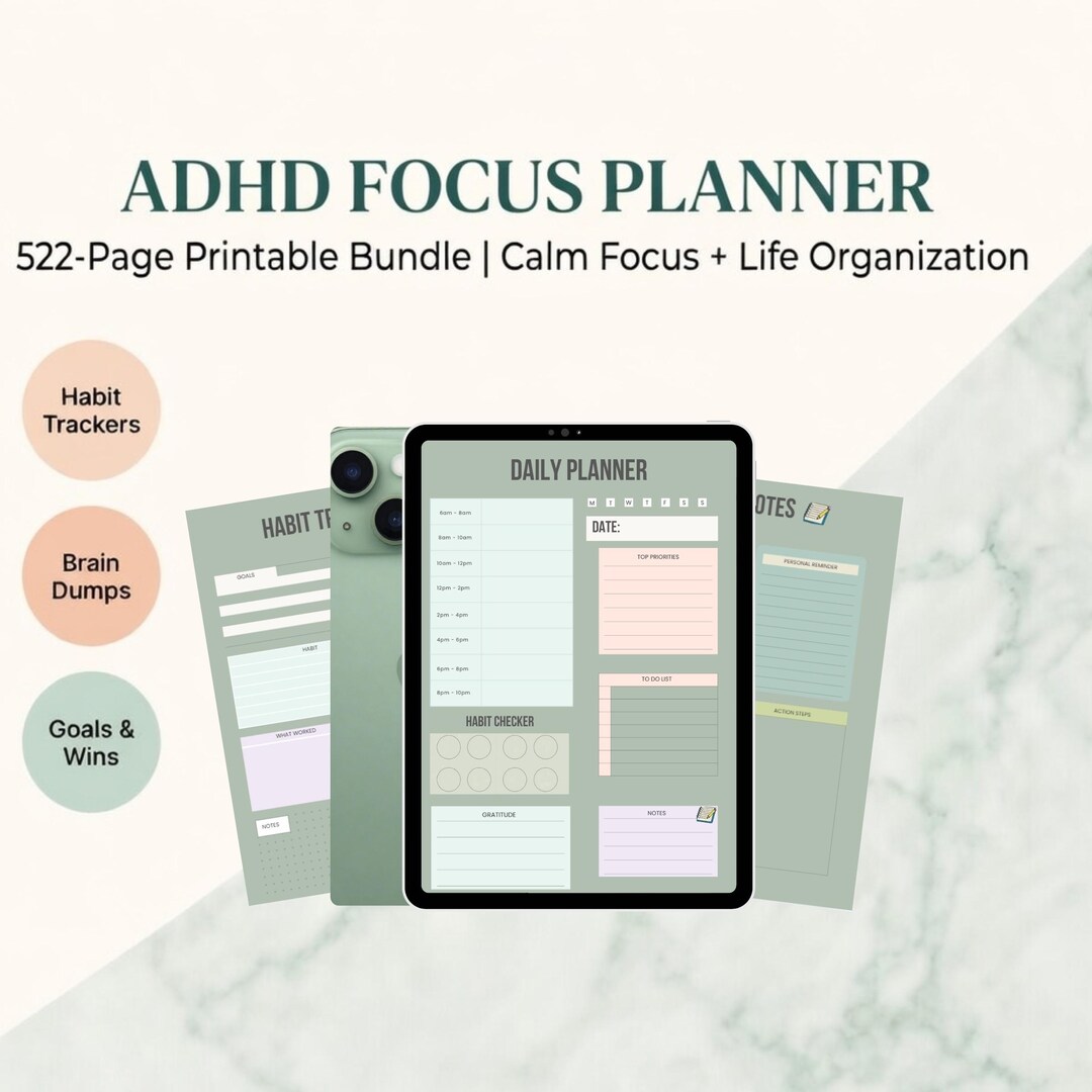 2026 ADHD Digital Planner Printable | Undated Focus Daily Weekly ...