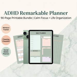 Zestaw do druku dla osób z ADHD Remarkable Planner na rok 2026 | Śledzenie treningów, lista kontrolna sprzątania, planer mediów społecznościowych