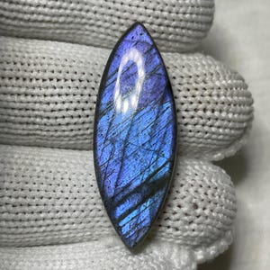 Può includere: Una pietra preziosa di labradorite a forma di marquise con una superficie lucida. La pietra mostra un vibrante gioco di colori, con blu e viola iridescenti. La pietra preziosa è tenuta su uno sfondo bianco.