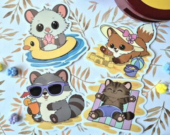 May include: Set of four colorful vinyl stickers featuring cute cartoon animals enjoying a summer day. Includes a mouse in a duck floatie, a fox building a sandcastle, a raccoon with a drink, and a cat sunbathing.