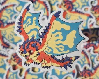 May include: A collection of colorful stickers featuring a cartoon dragon with red, yellow, and blue accents. The dragon has large wings and a friendly expression. The stickers are likely for decorating items or personalizing belongings.