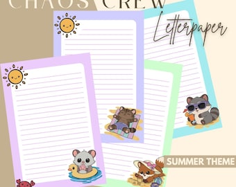 May include: Letterpaper set with a summer theme. The design features lined paper with cartoon illustrations of a sun, a cat, a raccoon, a fox, and a hamster. The text "CHAOS CREW Letterpaper" and "SUMMER THEME" are visible.