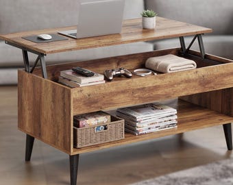 Lift Top Coffee Table with Storage – Wood & Black Metal, Hidden Compartment, Small Living Room Table