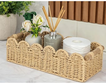Handwoven Scalloped Storage Basket with Wood Handles – Beige Rustic Farmhouse Organizer