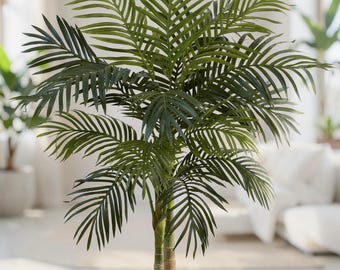 4ft Double Stalk Artificial Golden Cane Palm Tree | Faux Indoor Tropical Plant | Lush Realistic Foliage | Living Room Office Home Décor