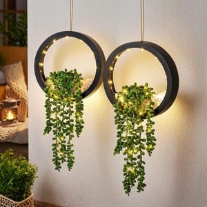 LED Hanging Succulent Planter – Faux String-of-Pearls Vines in Black or Wood Pot, Ambient LED Lights, Boho Home Décor