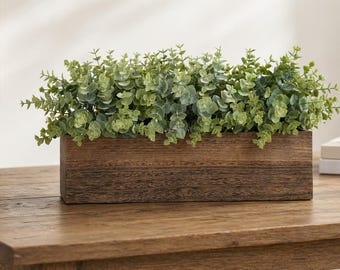 Faux Boxwood or Eucalyptus Plant in Wooden Planter – Rustic Farmhouse Table Centerpiece Decor