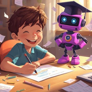Puede incluir: Ilustración de un niño sonriente escribiendo en un escritorio. Un robot morado con birrete está cerca. Papeles y lápices están esparcidos, sugiriendo un tema de estudio o aprendizaje.