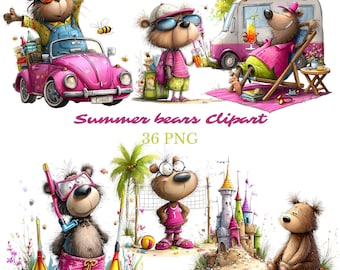 Watercolor Summer Bears Clipart – Nursery Decor, Crafts, Commercial Use (36 JPG)