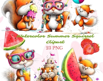 23 Summer Squirrel Clipart PNG Bundle – Watercolor Funny Beach Animal Graphics (Digital Download)