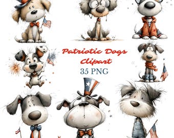 Patriotic Dogs Clipart Bundle, 4th of July Animal, American Flag (35 PNG)