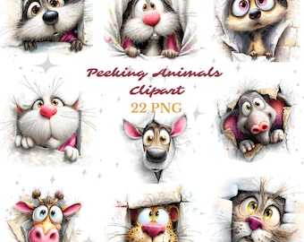 Funny Peeking Animals Clipart Bundle, Cartoon Sublimation Design (Digital Download)