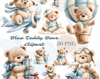 Watercolor Blue Teddy Bear Clipart Bundle 30 PNG, Baby Boy Nursery Digital Download, Baby Shower Boy, Adventure Bear, Commercial Use