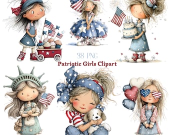 Whimsical Patriotic Girls Clipart, Watercolor Independence Day Illustration (Digital Download)