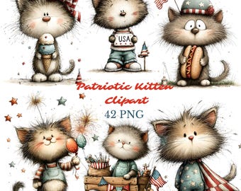Patriotic Kitten Clipart Bundle – Whimsical 4th of July Cat Illustrations (42 JPG)