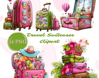 Travel Suitcase Clipart Bundle 14 PNG, Whimsical Wanderlust Luggage Digital Download, Bon Voyage Party, Paris Travel Design, Commercial Use