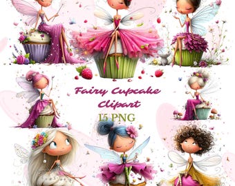 Whimsical Watercolor Fairy Cupcake Clipart Bundle (15 PNG Files)
