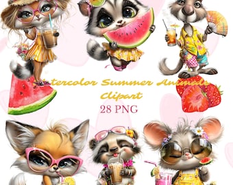 28 PNG Whimsical Watercolor Summer Animals Clipart Bundle, Beach Illustration (Digital Download)