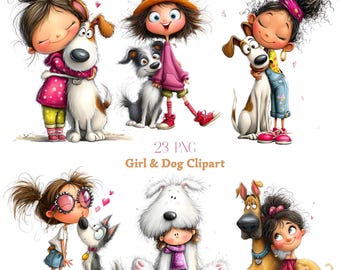 23 JPG Whimsical Girl & Dog Clipart (Instant Download)