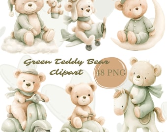 Green Teddy Bear Clipart Bundle 48 PNG, Green Gender Neutral Nursery Digital Download, Boho Baby Bear, Baby Shower Design, Commercial Use