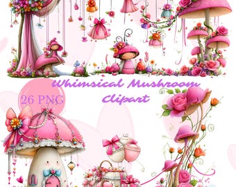 Whimsical Mushroom Fairycore Clipart Bundle 26 PNG, Pink Floral Mushroom House Digital Download, Cottagecore Fairy Garden Design