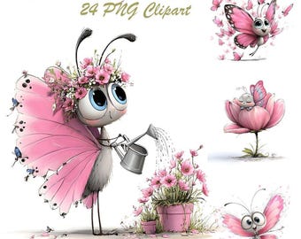 Cartoon Butterfly Flower Clipart: Pink White Graphics - (Digital Download - 24 PNG)