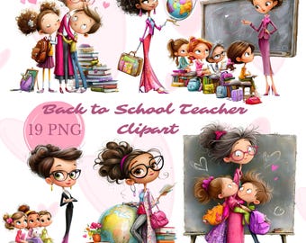 Back to School Teacher Clipart Bundle 19 PNG, Diverse Whimsical Teacher with children, Teacher Appreciation Gift Sublimation, Classroom