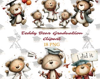 Teddy Bear Graduation Clipart Bundle 18 PNG, Gender Neutral Grad Bear Digital Download, Class of 2026 Party, Kids Graduation, Commercial Use