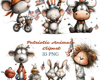 Patriotic Animals Clipart Bundle, Whimsical 4th of July Animals, American Flag Graphics (27 PNG)