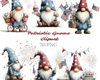 Patriotic Gnome Clipart Bundle, 4th of July Farm Animal, American Flag (33 PNG)