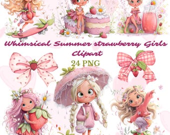 Strawberry Girls Clipart Bundle, Whimsical Coquette Summer PNG (Digital Download)