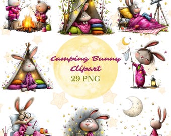 Cozy Camping Bunny Clipart Bundle, Summer Night Scenes, Kids Party Art (29 PNG)