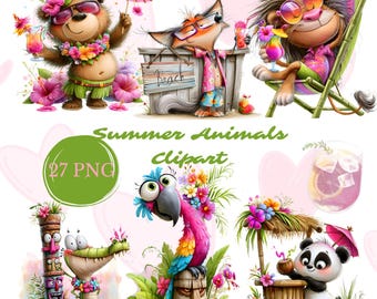 Tropical Summer Animals Clipart Bundle 27 PNG, Funny Luau Hawaiian Animals Digital Download, Tiki Party, Sublimation Design, Commercial Use