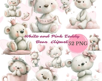 Watercolor Pink Teddy Bear Clipart Bundle 52 PNG, Baby Girl Nursery Digital Download, It's a Girl Baby Shower Clipart, Commercial Use
