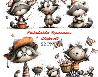 Patriotic Raccoon Clipart Bundle, 4th of July Animal, American Flag (22 PNG)