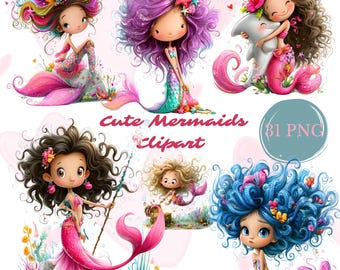 Cute Mermaid Clipart Bundle 31 PNG, Diverse Watercolor Mermaid Girls, Seashells & Sea Creatures Artwork, Digital Download, Commercial Use