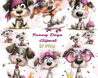 Quirky Funny Dog Clipart set 27 PNG, Whimsical Dog Characters, Digital Download, Spring Summer Watercolor Illustration, Commercial Use