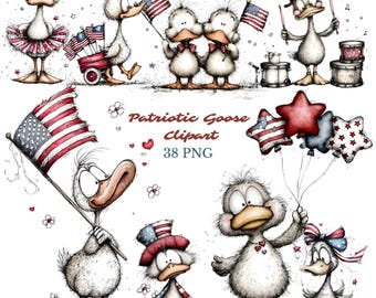 Silly Patriotic Goose Clipart Bundle, 4th of July Farm Animal, American Flag (47 PNG)