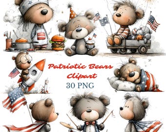 Patriotic Teddy Bears Clipart Bundle, 4th of July Animal, American Flag (30 PNG)