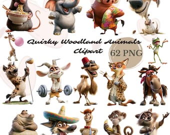 Funny Animal Clipart Bundle 62 PNG, Quirky 3D Cartoon Animals Digital Download, Humor Animal Sublimation Design, Funny Gift, Commercial Use